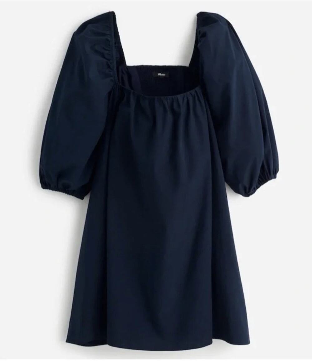 Madewell Poplin Smocked Puff-Sleeve Mini Dress navy cotton Size 6 A011195